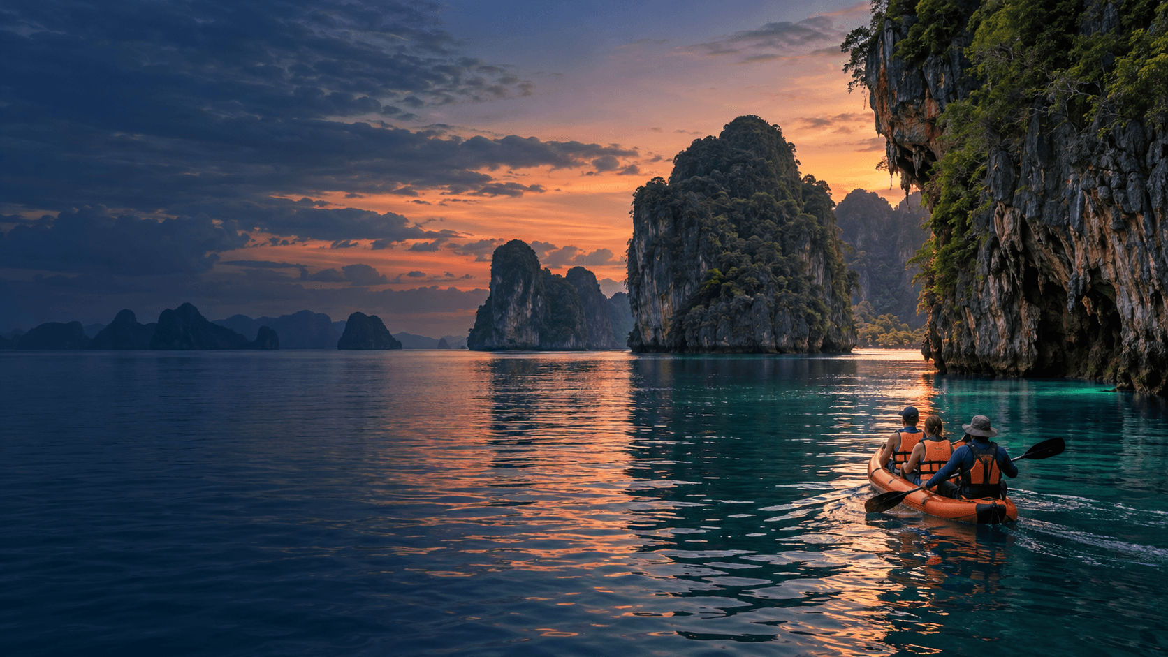 Atmospheric AI artwork of a guided canoe beneath Phang Nga Bay limestone cliffs at sunset